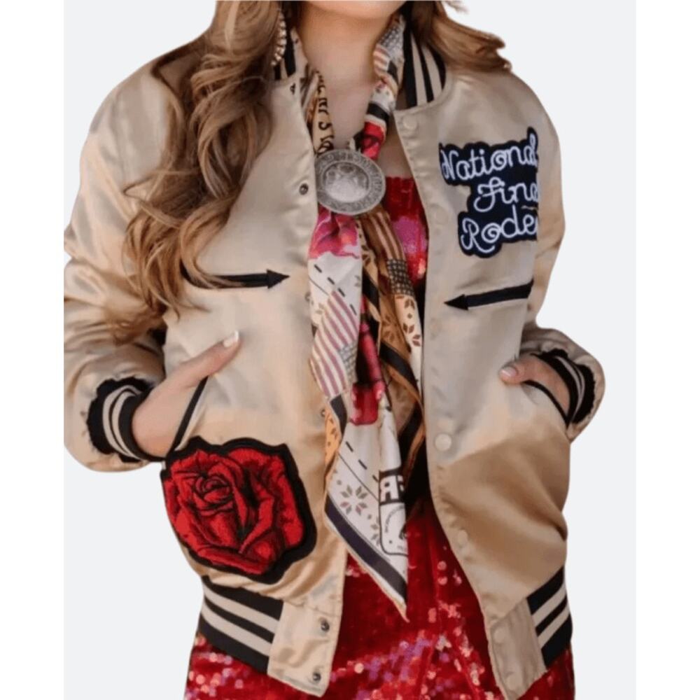 NWT RARE Rodeo Quincy Bomber Jacket Las Vegas NFR Silk Satin Gold Size Medium